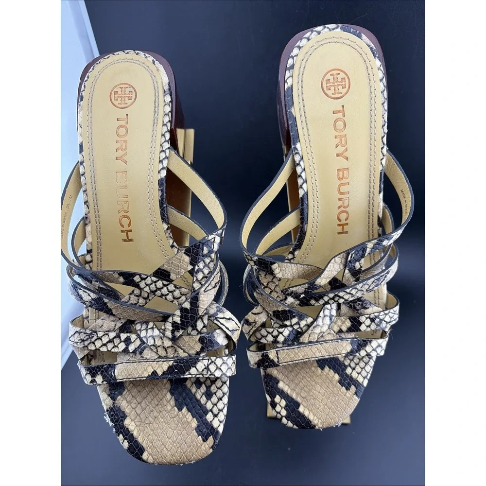 Tory‎ Burch Basket-weave Block Heel Snakeskin Python Print Leather Sandals 7M
